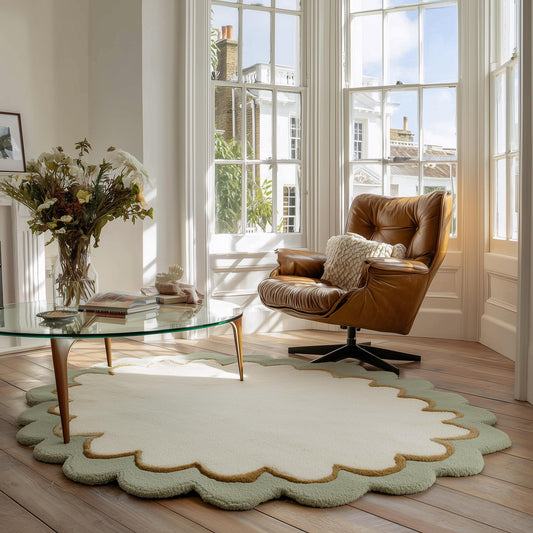 Sage Green Wool Rug: Modern Minimalist Round Carpet, White Border (6x6 ft)