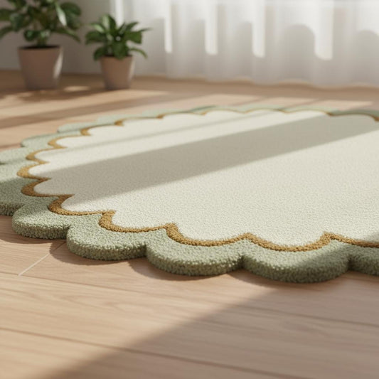 Sage Green Wool Rug: Modern Minimalist Round Carpet, White Border (6x6 ft)