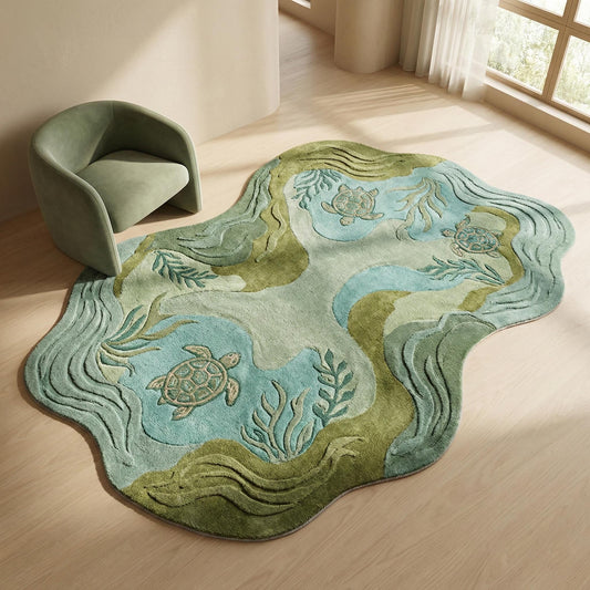 Coastal sage green sea turtle area rug with sculpted texture and ocean-inspired design