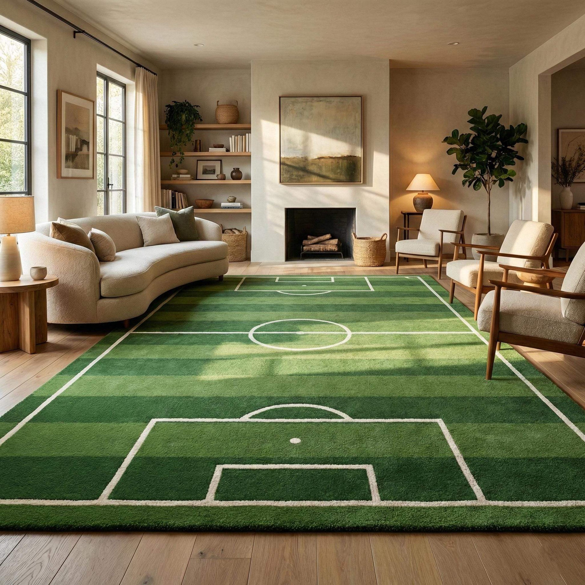 Plush soccer field area rug with white lines for kids' playrooms and sports-themed décor