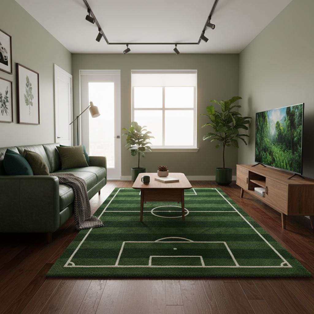 Green tone variation on soccer rug surface with layered grass-like shading and crisp white line contrast for realistic field appearance.