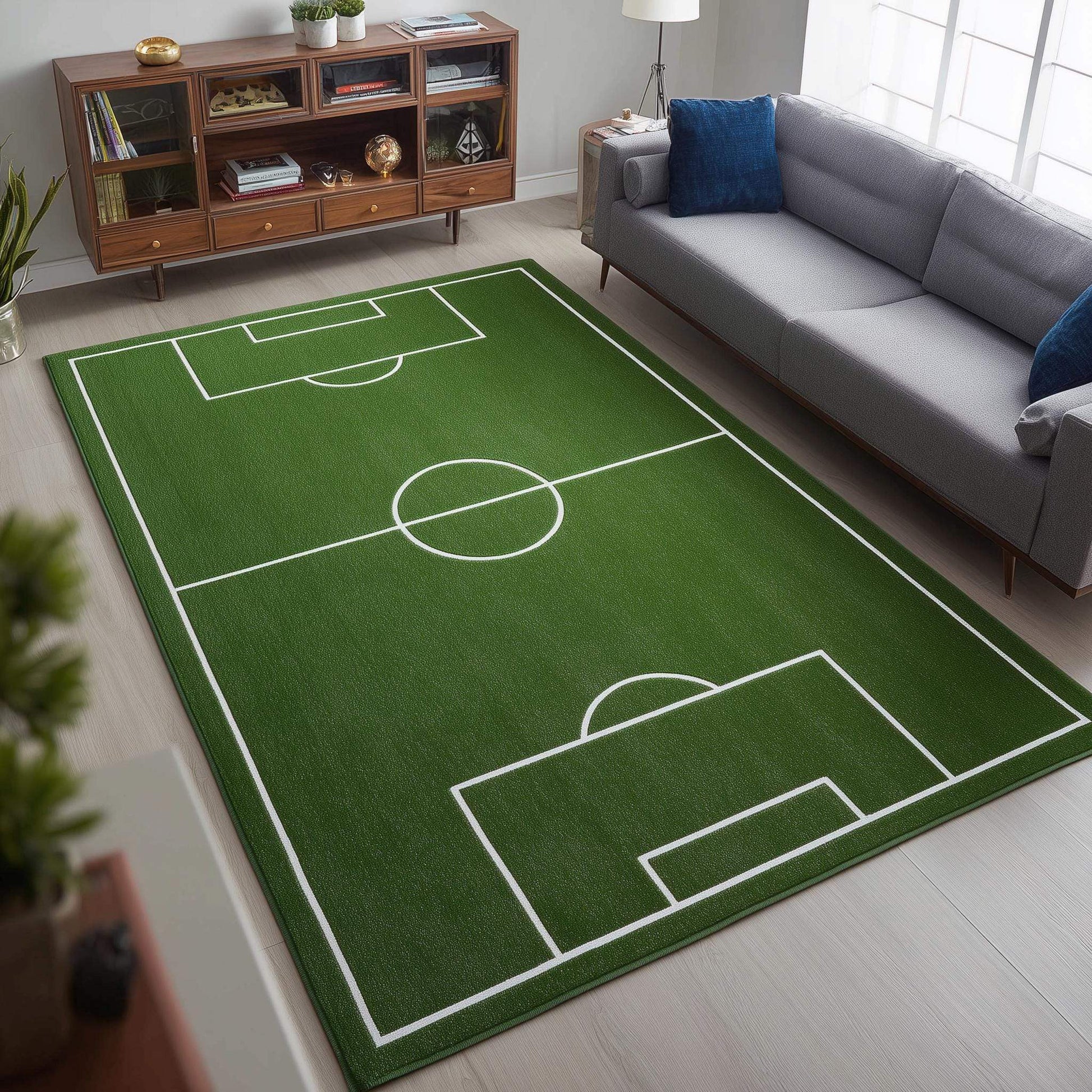 Vibrant green soccer field rug with white markings, ideal for kids' playroom and sports decor.