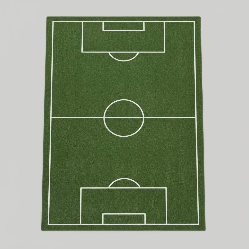 Sports-themed rug styled in modern room with sofa and cabinet, adding playful soccer decor.
