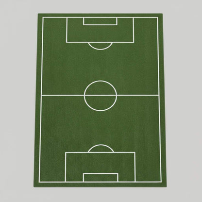 Sports-themed rug styled in modern room with sofa and cabinet, adding playful soccer decor.