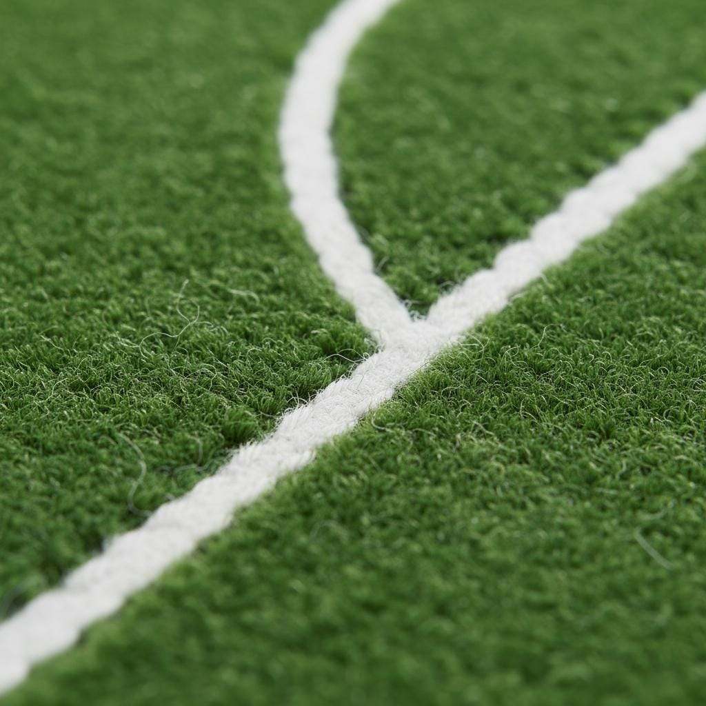 Close-up of soccer pitch rug surface with bright green field and sharp white boundary markings.