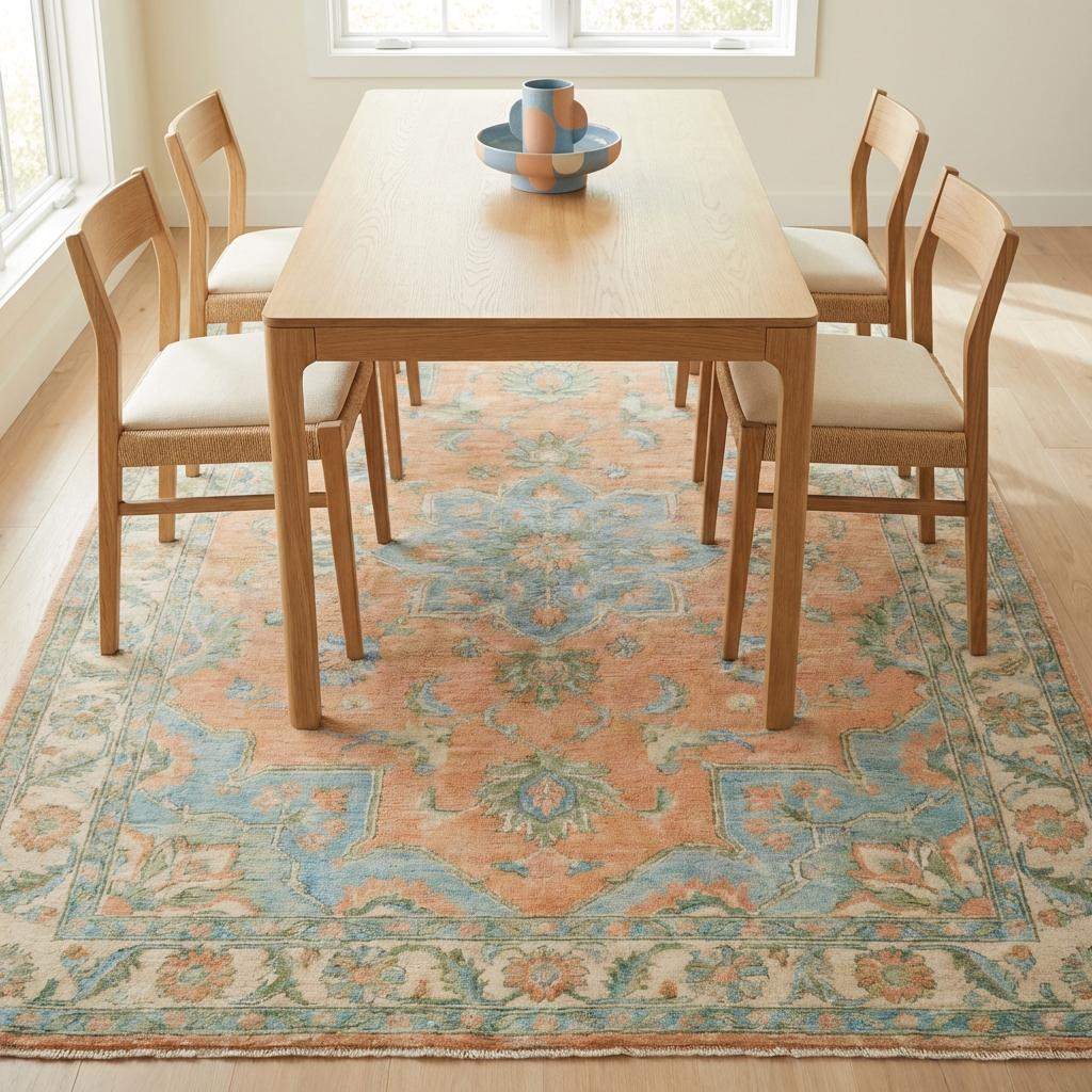 Soft Peach Oushak Area Rug with Blue Medallion Hand Knotted Wool