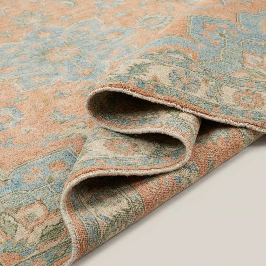 Soft Peach Oushak Area Rug with Blue Medallion Hand Knotted Wool