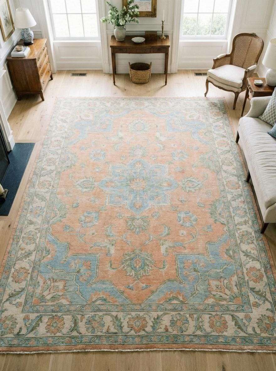 Soft peach Oushak area rug with blue medallion, hand knotted wool Persian design