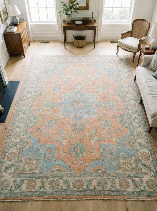 Soft peach Oushak area rug with blue medallion, hand knotted wool Persian design