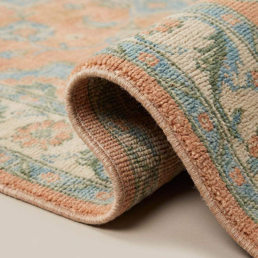 Close up of hand knotted wool pile showing natural fibers and artisan knot structure
