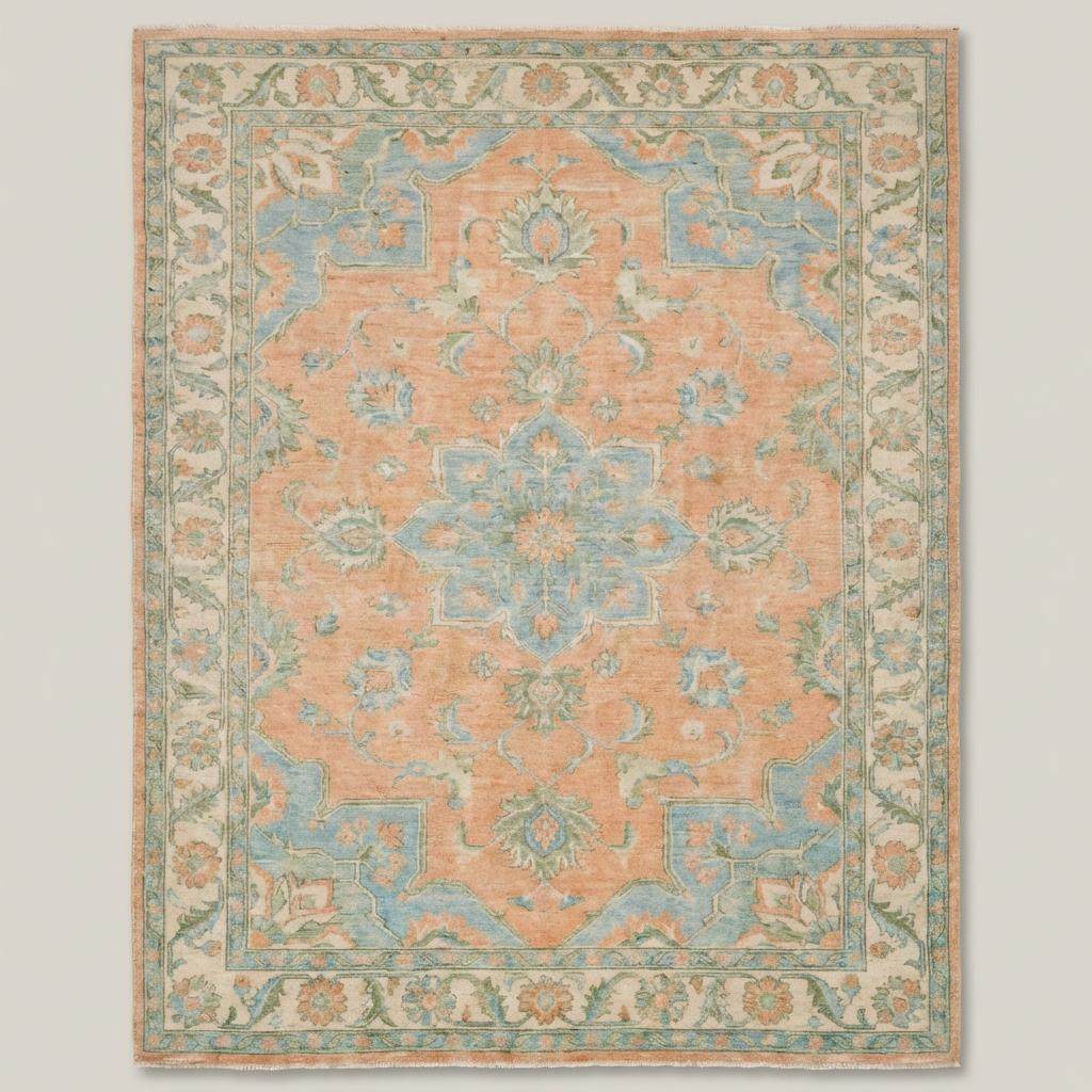 Traditional Oushak wool rug styled in bright living room with wooden floors