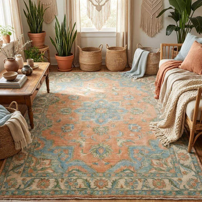 Persian style medallion rug with pastel peach and dusty blue tones