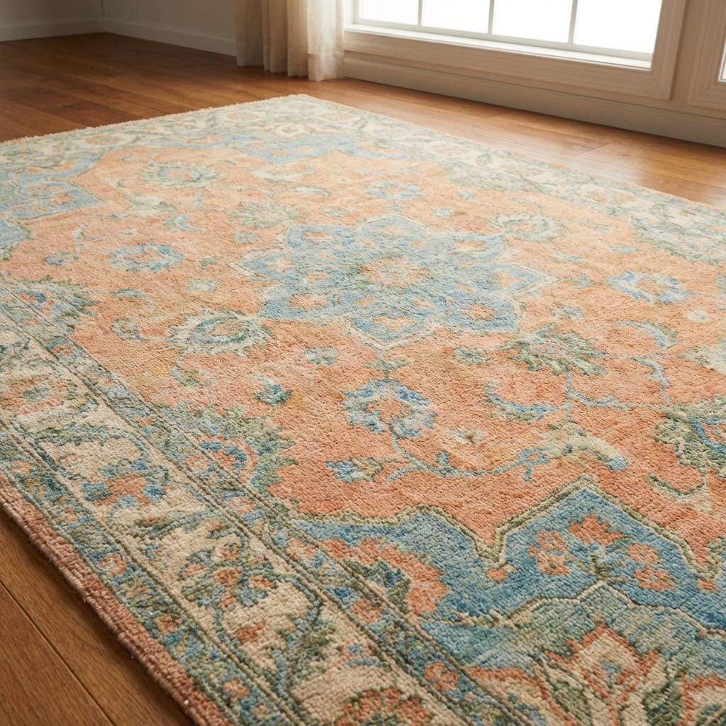 Large hand knotted wool area rug with floral border and vintage inspired pattern
