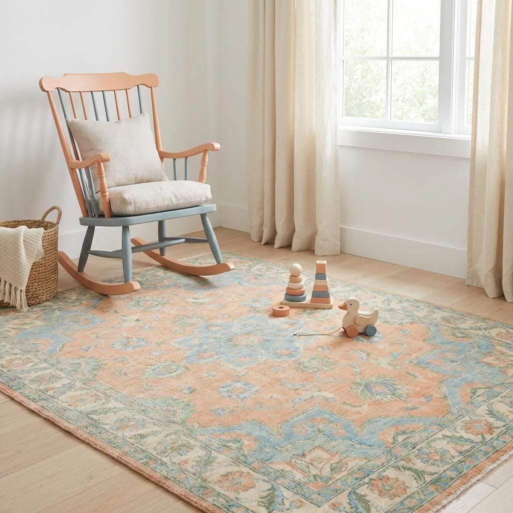 Elegant peach and blue wool rug suitable for bedroom or living room décor