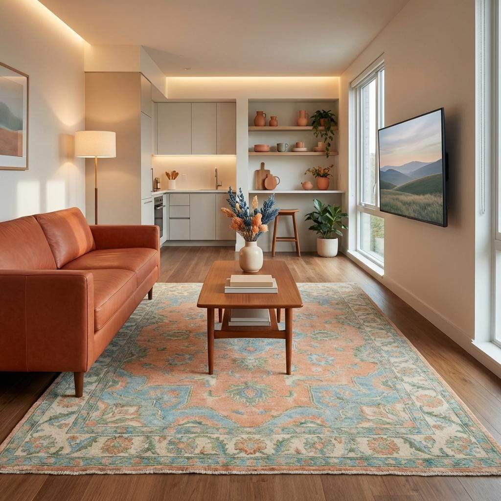Soft Peach Oushak Area Rug with Blue Medallion Hand Knotted Wool