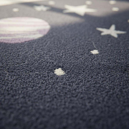 Space Theme Round Rug with astronaut and planet pattern, stain resistant wool nursery carpet
