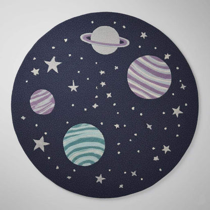 Space theme round rug with astronaut and planet patterns for nursery decor
