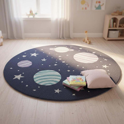 Space Theme Round Rug with astronaut and planets design, stain-resistant wool nursery carpet