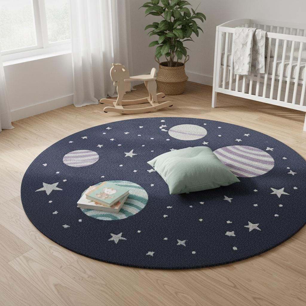 Space theme round rug with astronaut and planet design, stain-resistant New Zealand wool nursery carpet