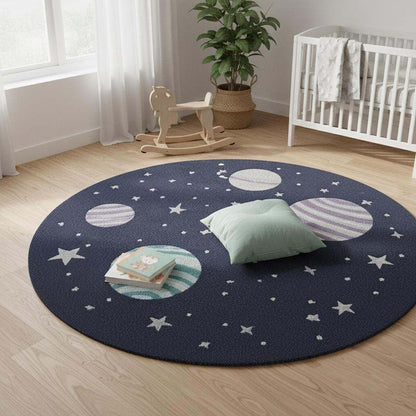 Space theme round rug with astronaut and planet design, stain-resistant New Zealand wool nursery carpet