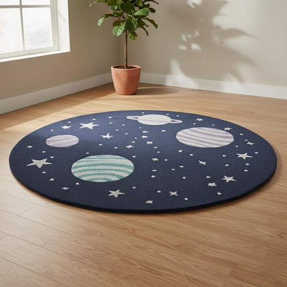 Space Theme Round Rug with astronaut and planet design in navy wool for nursery decor