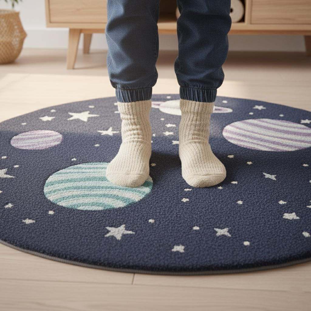 Space theme round rug with astronaut and planet design for nursery decor