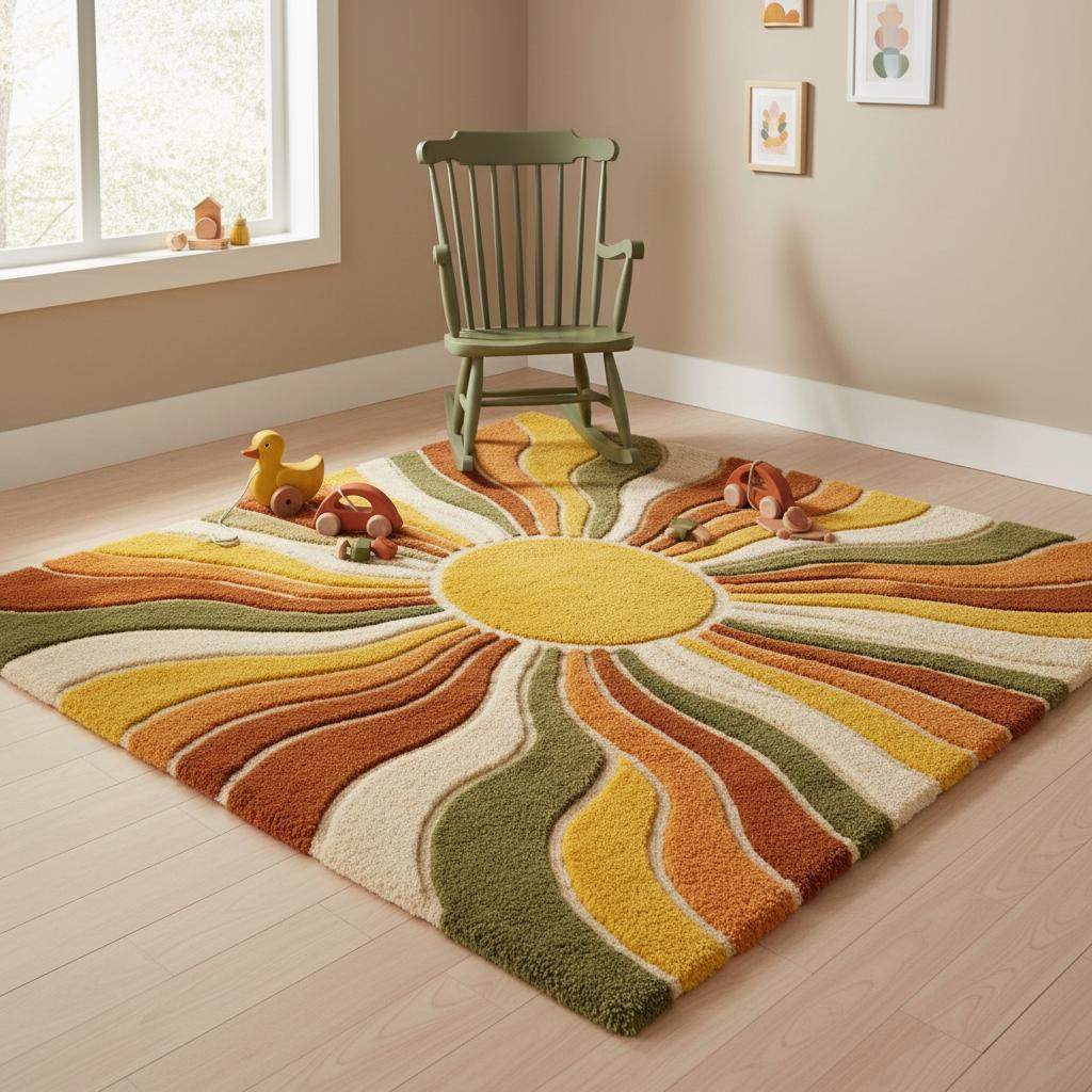Sunburst Boho Wool Area Rug Mid Century Living Room