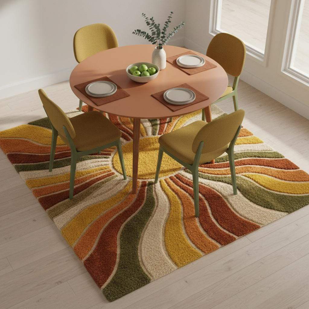 Sunburst Boho Wool Area Rug Mid Century Living Room