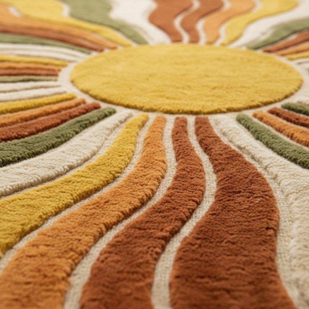 Close-up of hand-tufted wool pile showing thick plush fibers and raised sunburst pattern texture