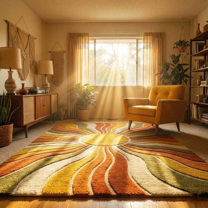 Living room placement of colorful sunburst area rug in mid-century boho interior