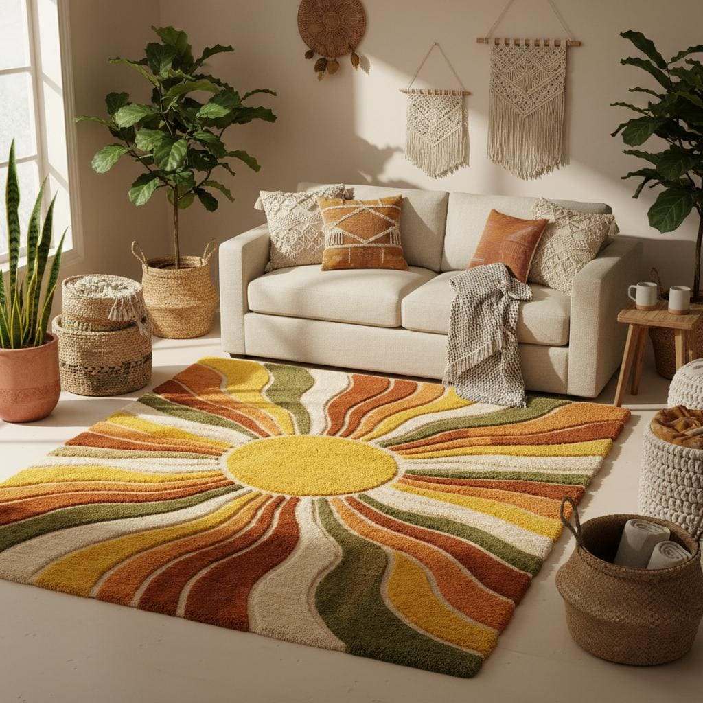 Color variation view of vintage inspired boho rug with warm earth tone palette
