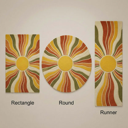 Sunburst Boho Wool Area Rug Mid Century Living Room