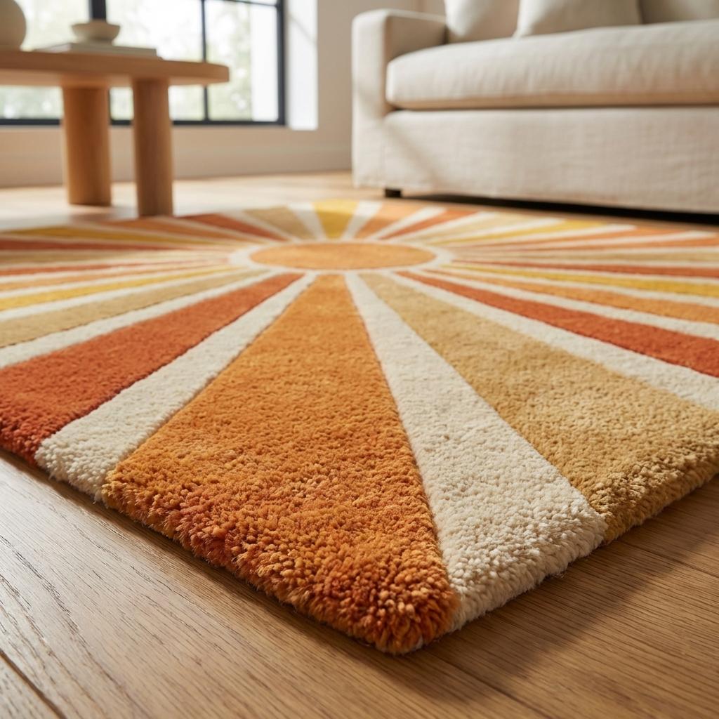 Sunburst Hand Tufted Wool Area Rug 8x10, Mid Century Modern Retro Geometric Living Room Rug