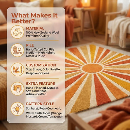 Sunburst Hand Tufted Wool Area Rug 8x10, Mid Century Modern Retro Geometric Living Room Rug