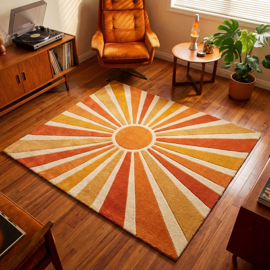 Mid-century modern sunburst hand tufted wool rug with geometric burnt orange, rust, mustard, and cream pattern, 8x10 area rug.