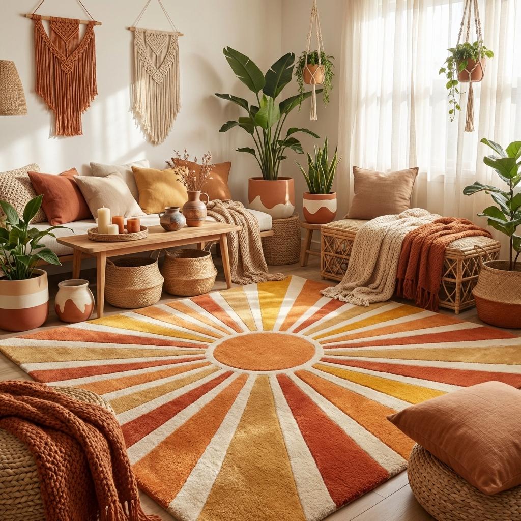 Hand tufted modern sunburst area rug styled in a mid century living room with warm wood furniture and vintage decor