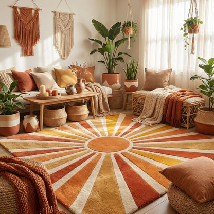 Hand tufted modern sunburst area rug styled in a mid century living room with warm wood furniture and vintage decor