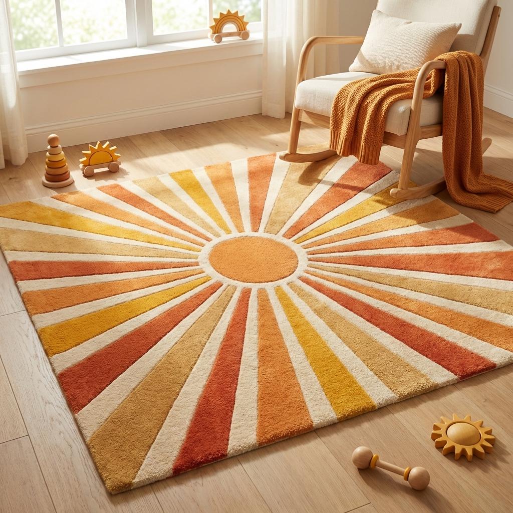 Modern geometric sunburst wool rug statement piece for living room interior design with retro inspired color palette