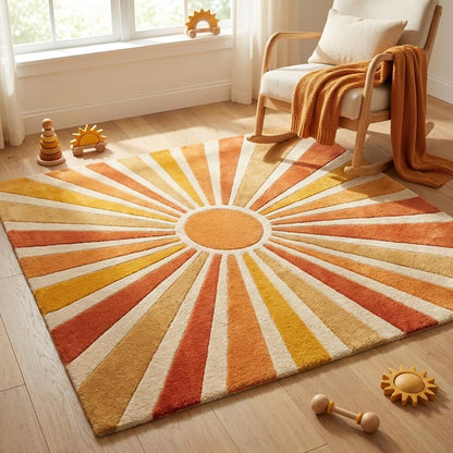 Modern geometric sunburst wool rug statement piece for living room interior design with retro inspired color palette