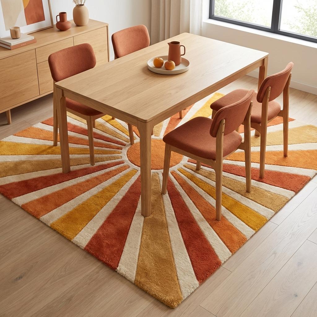 Sunburst Hand Tufted Wool Area Rug 8x10, Mid Century Modern Retro Geometric Living Room Rug