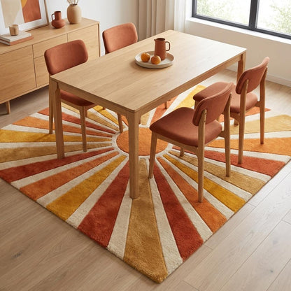 Sunburst Hand Tufted Wool Area Rug 8x10, Mid Century Modern Retro Geometric Living Room Rug