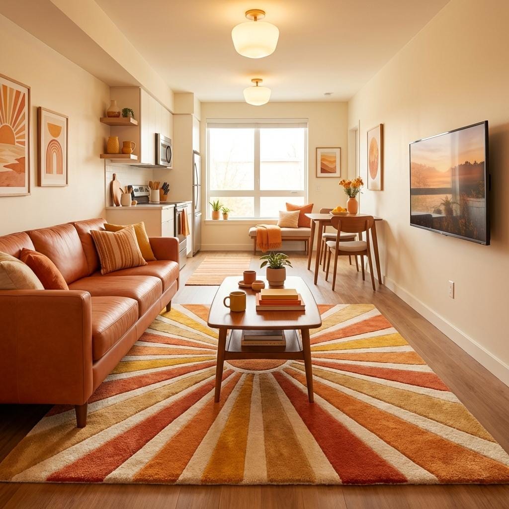 Large 8x10 retro sunburst area rug featuring warm orange mustard rays radiating from center in mid century modern home decor style