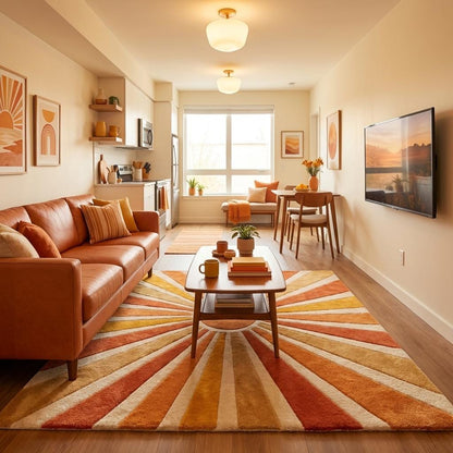 Large 8x10 retro sunburst area rug featuring warm orange mustard rays radiating from center in mid century modern home decor style