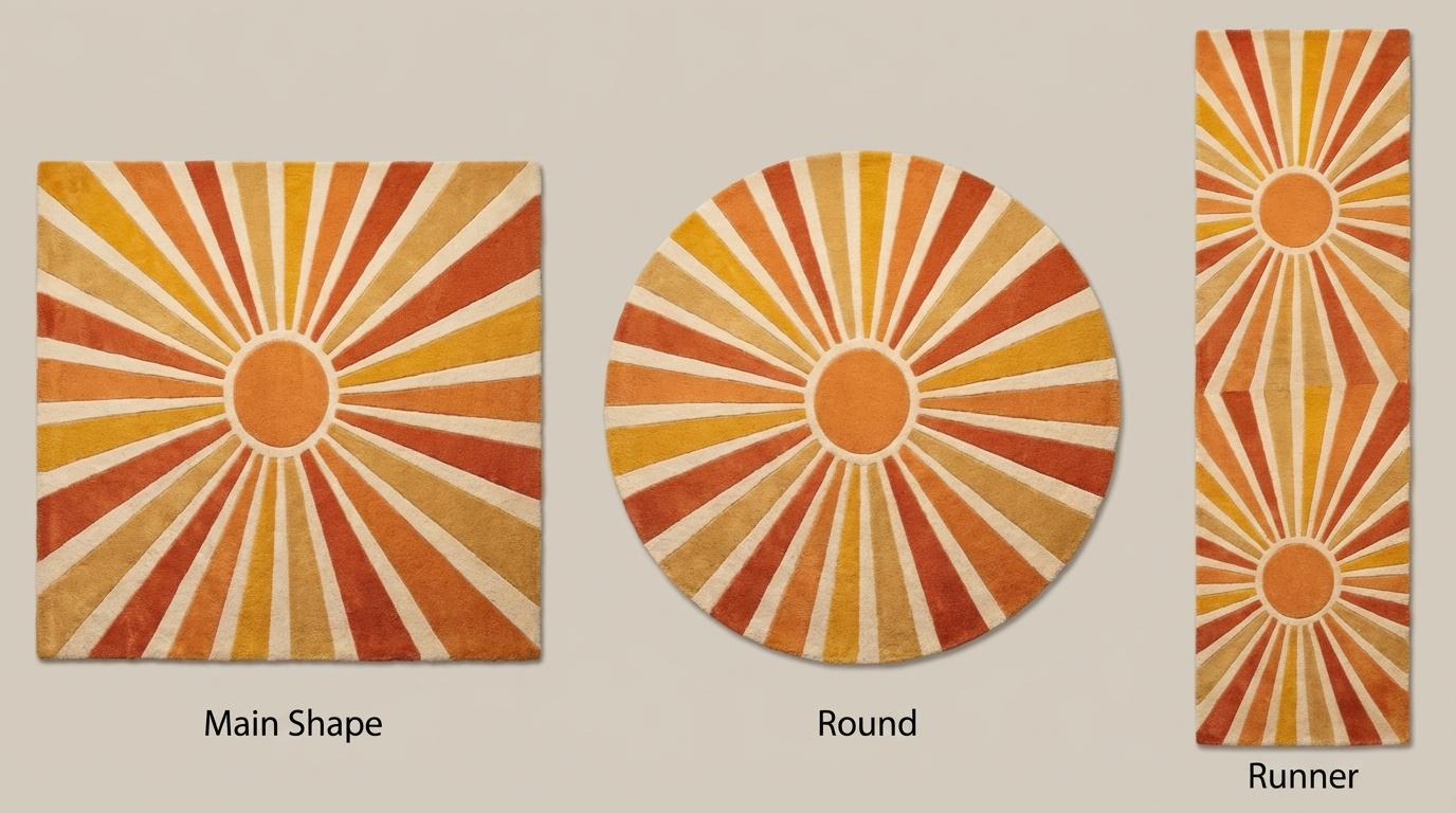 Sunburst Hand Tufted Wool Area Rug 8x10, Mid Century Modern Retro Geometric Living Room Rug