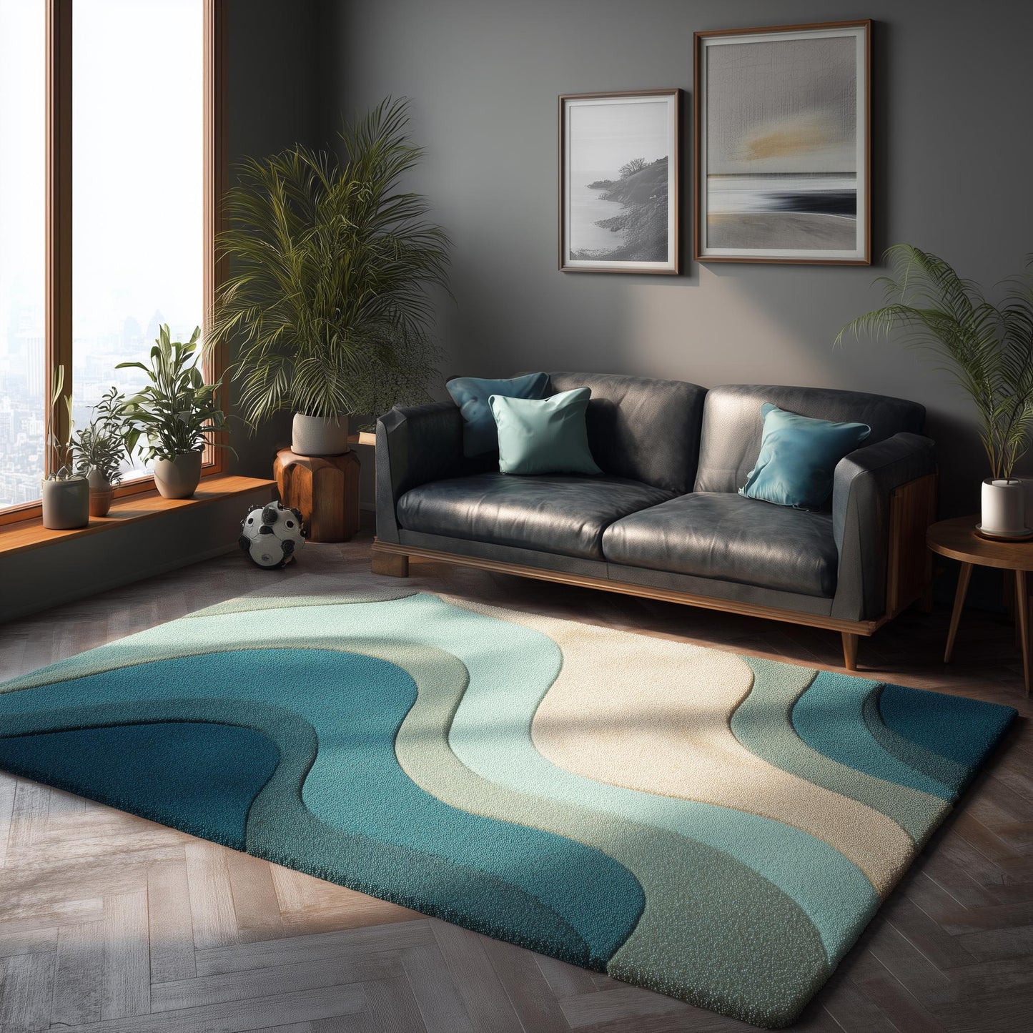 Modern teal wavy area rug with sculpted tuft design and abstract coastal curves in blue cream tones