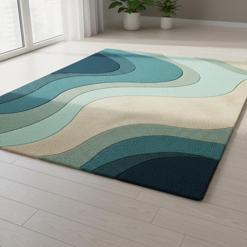 Teal Wavy Area Rug – Modern Coastal Sculpted Tuft Design Teppich