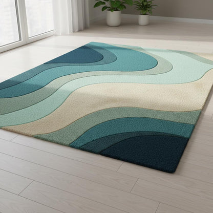 Teal Wavy Area Rug – Modern Coastal Sculpted Tuft Design Teppich