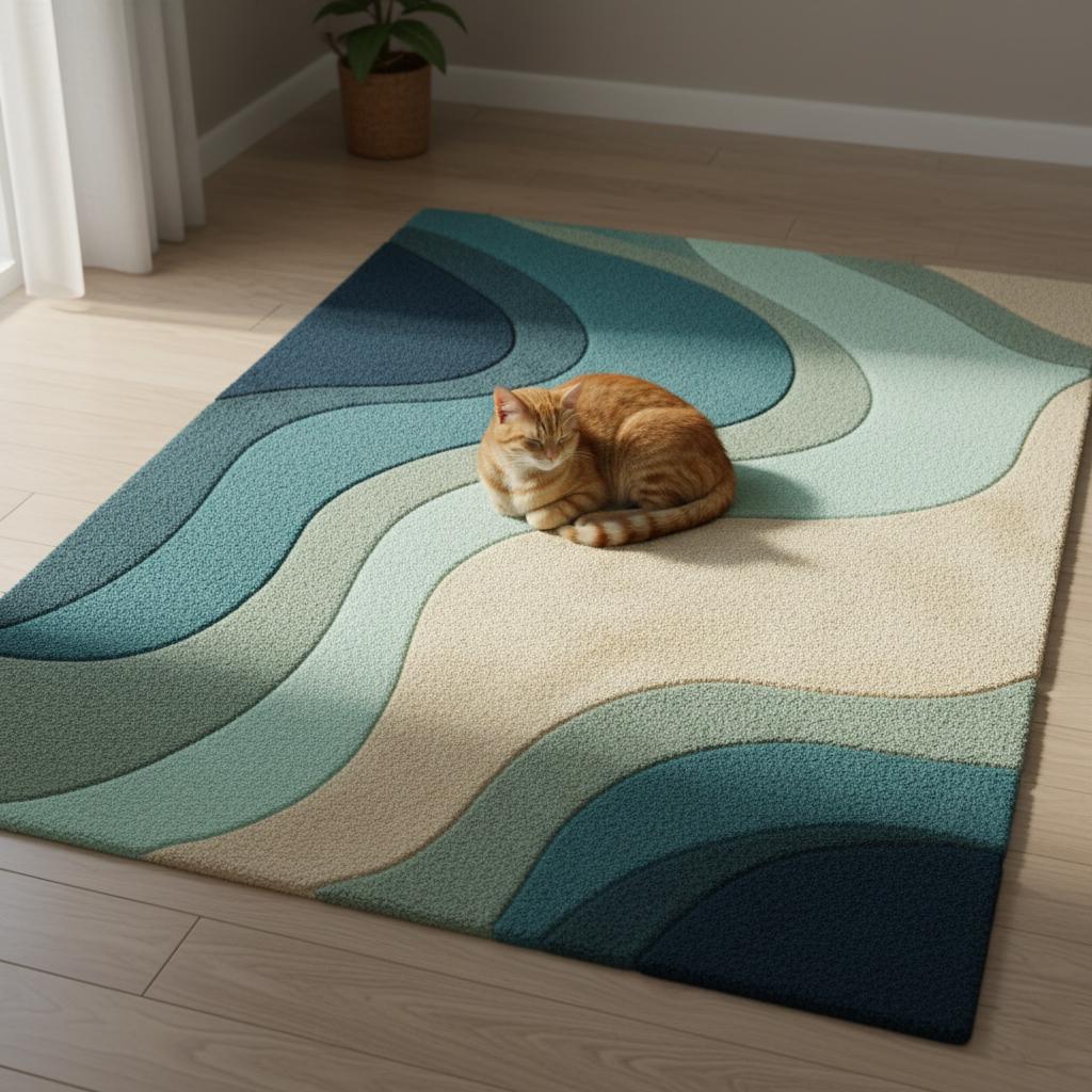 Teal Wavy Area Rug – Modern Coastal Sculpted Tuft Design Teppich