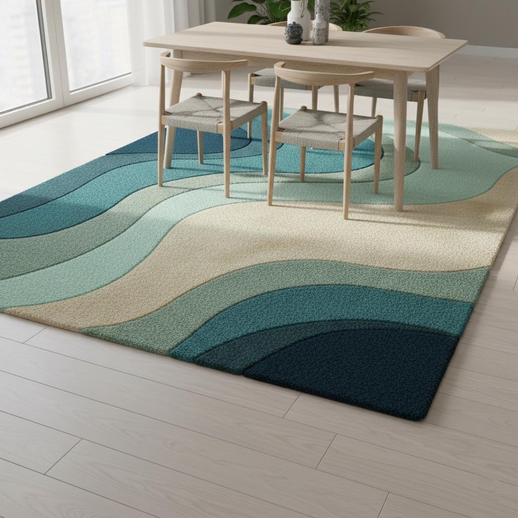 Teal Wavy Area Rug – Modern Coastal Sculpted Tuft Design Teppich