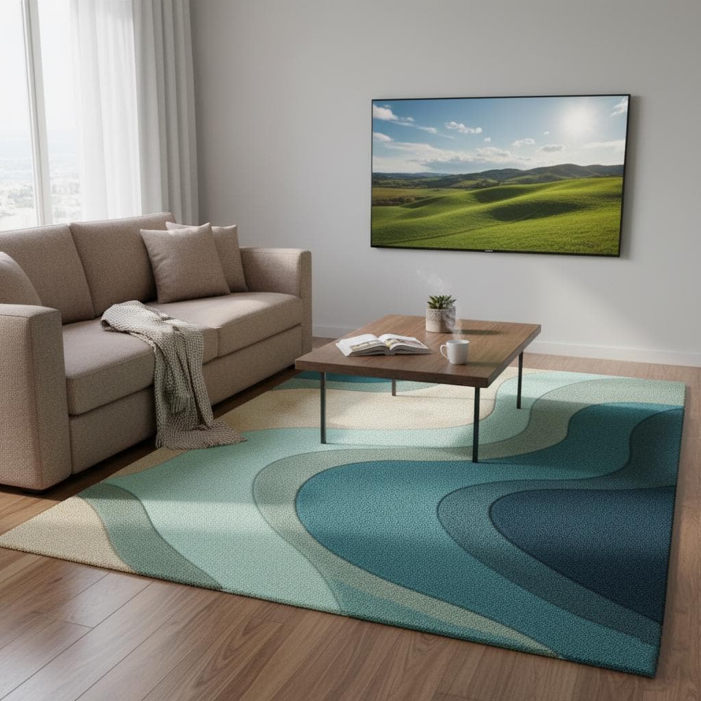 Teal Wavy Area Rug – Modern Coastal Sculpted Tuft Design Teppich